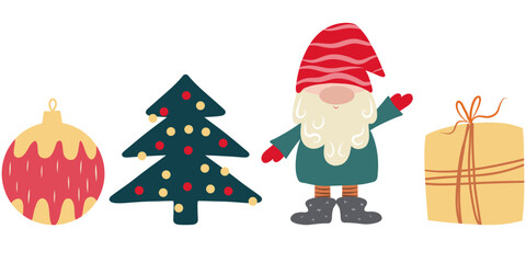 Fototapeta premium Hand drawn Set of a gnome, a gift box, a christmas ball and a christmas tree. Colorful Christmas Vector Clipart