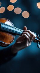 Close-up of a hand playing the violin, beautifully illuminated by soft bokeh lights in the...