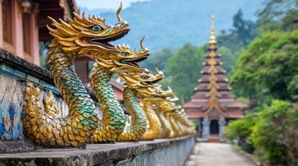 Serpentine Statues at Temple Entrance in Thailand