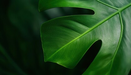 Close-up of a vibrant green Monstera leaf on a dark background.