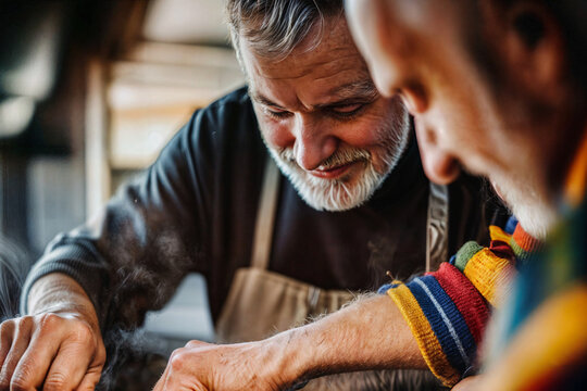 older gay couple of two men, cooking together at home