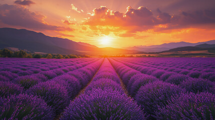 Golden sunset over a lavender field, with soft rays of light illuminating the purple blooms.