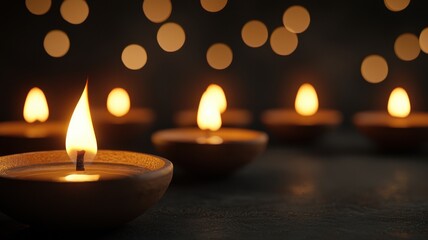 Softly glowing candles illuminate a dark background, creating a warm and peaceful ambiance.