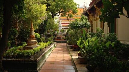 Obraz premium Serene Garden Pathway in Tranquil Temple Environment