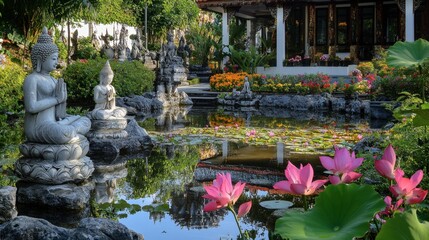Fototapeta premium Serene Garden with Buddha Statues and Water Lilies