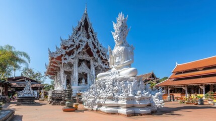 Serene Buddhist Temple with White Statue and Clear Sky