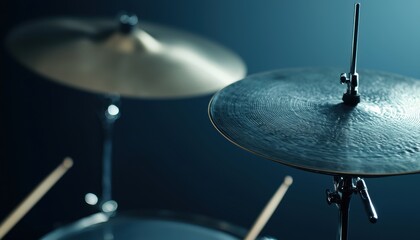 Obraz premium Close-up of cymbals on a drum set in dramatic lighting, capturing the essence of sound and rhythm.