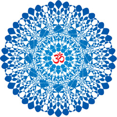 Openwork elegant mandala in blue tones on a white background. The sign aum, om, ohm in the center. Blue and light blue colors. Vector graphics.