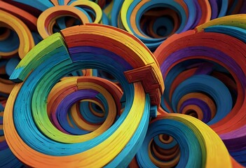 Colorful swirling patterns of overlapping wooden rings in a vibrant abstract design. Generative AI