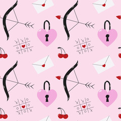 Cute seamless pattern for Valentine's Day with bow, envelope, cherry. The illustration is hand drawn.