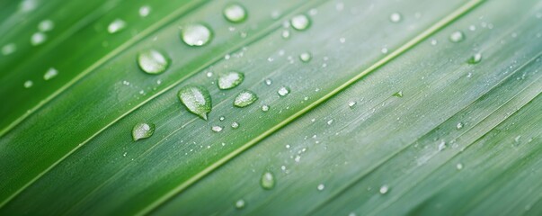 Close-up of fresh green leaf with water droplets, showcasing natural texture and vibrant color.