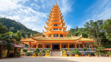 Vibrant Pagoda Surrounded by Lush Greenery