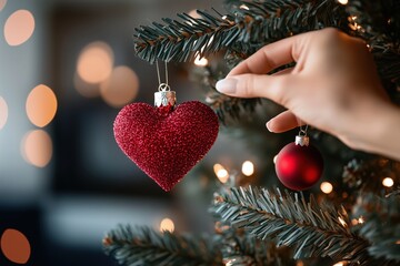 Delicate hands hang a sparkling red heart on a lush, twinkling Christmas tree