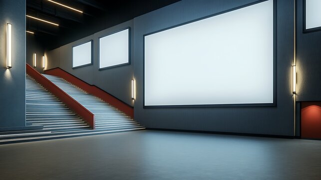 Vertical light box display at the entrance of a movie theater A tall, vertical light box display at the entrance of a movie theater.