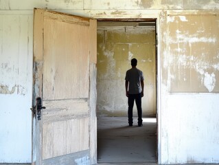 Fototapeta premium A solitary figure stands in an empty, dilapidated room, framed by an open door, evoking feelings of isolation and contemplation.