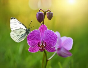 Aporia crataegi butterfly on a wild flower early in the morning waiting for the first rays of the sun