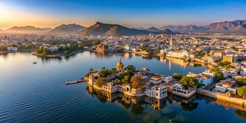 Aerial Minimalist View of Udaipur, City of Lakes in Rajasthan, Scenic Landscape of South Asia, Serene Water Bodies