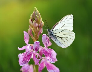 Obraz premium Aporia crataegi butterfly on a wild flower early in the morning waiting for the first rays of the sun