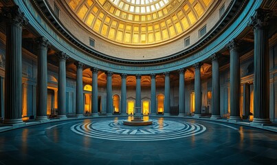 Obraz premium Circular room with columns and a fountain.