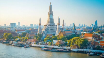 Obraz premium Scenic View of Wat Arun and River in Bangkok