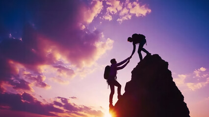 Two hikers climbing a mountain at sunset, one helping the other. Silhouette photography with warm sky background. Teamwork and outdoor adventure concept.