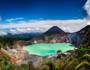 Volcano Poas with Turquoise crater lake in the rainforest of Costa Rica