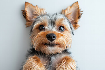 Adorable Yorkshire Terrier Puppy Lying on Back, Happy and Relaxed, Cute Small Dog with Fluffy Fur, Playful and Cheerful Expression, Isolated on White Background with Copy Space for Pet Products