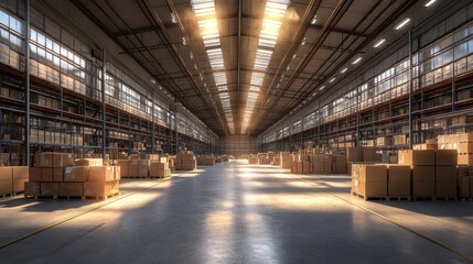 Obraz premium A large, empty warehouse with rows of cardboard boxes stacked on shelves and a bright light shining through the windows.