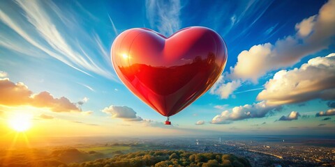 Fototapeta premium Aerial View of a Giant Heart Shaped Balloon in a Clear Blue Sky, Perfect for Romantic Themes and