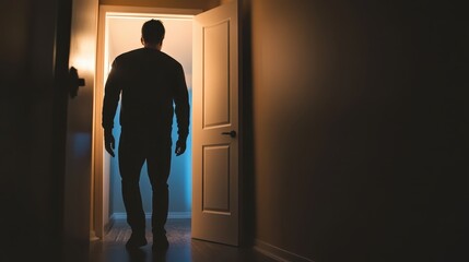 Fototapeta premium A silhouette of a person stands at an open door, illuminated by soft blue light, creating a mysterious and intriguing atmosphere.