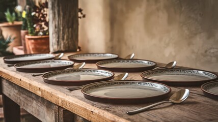 Fototapeta premium Serving plates with fork and spoon background, Table setting food presentation crockery item dish utensils