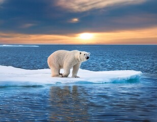 Arctic Canada. Polar bear on the drifting ice with snow and evening pink blue sky, Svalbard, Norway. Wild danger animals in the nature habitat, two polar bears.