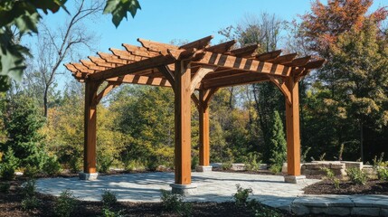 A cozy cedar pergola nestled among trees, with blue sky creating a calm and inviting backdrop.