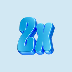 Blue 2x symbol isolated on white background. 3D rendering.