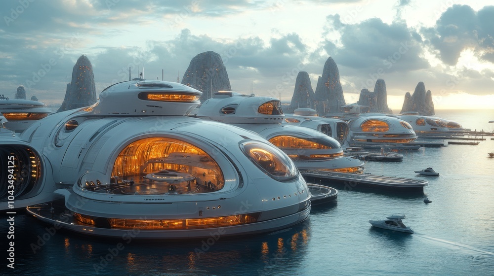 Poster innovative floating habitats with luminous interiors are nestled along a rocky shoreline at dusk, re