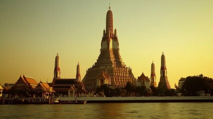 Naklejka premium Serene Sunset at Majestic Temple by Water