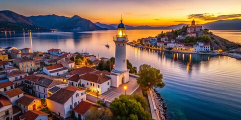 Naklejka premium Aerial View of Gytheio Town Lighthouse and Coastal Houses in the Peloponnese Region of Greece at Dusk