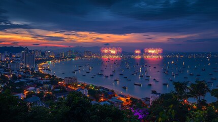 Obraz premium A stunning view of the fireworks festival from a nearby hill, providing a unique perspective of the colorful displays over Pattaya. 