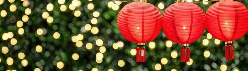 Bright red lanterns hang against a backdrop of twinkling lights, creating a festive and vibrant atmosphere.