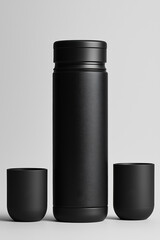 Sleek black insulated container with two matching cups on a minimalist background