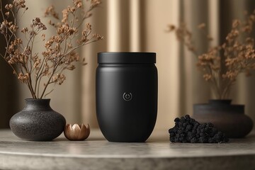 Stylish black container on a marble surface surrounded by dried flowers and decorative items