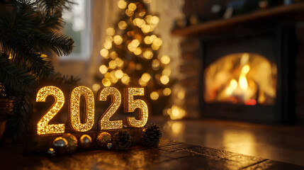 The numbers 2025 against the backdrop of a cozy fireplace casting a warm golden light.