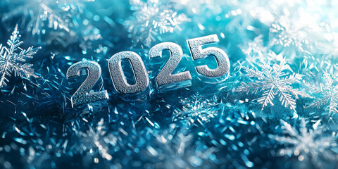 New Year design with the number 2025 and thin snowflakes on a blue background.