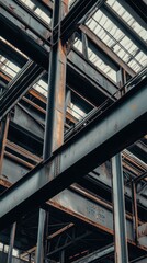 Rusty metal beams supporting roof of industrial building