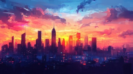 Fototapeta premium An urban landscape at sunset with silhouettes of skyscrapers, vibrant colors reflecting off the glass windows, and soft clouds scattered across the sky