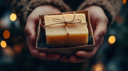 Woman holding christmas gift box with handmade soap and fir branches