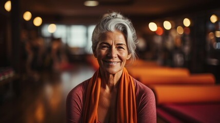 Obraz premium A woman with a scarf on her head is smiling
