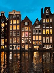 city canal houses at night