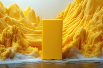 Bright yellow object against textured orange backdrop with subtle waves and foam effect