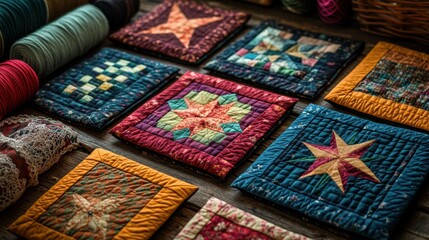 Fabric artisan arranging colorful patchwork quilts on table